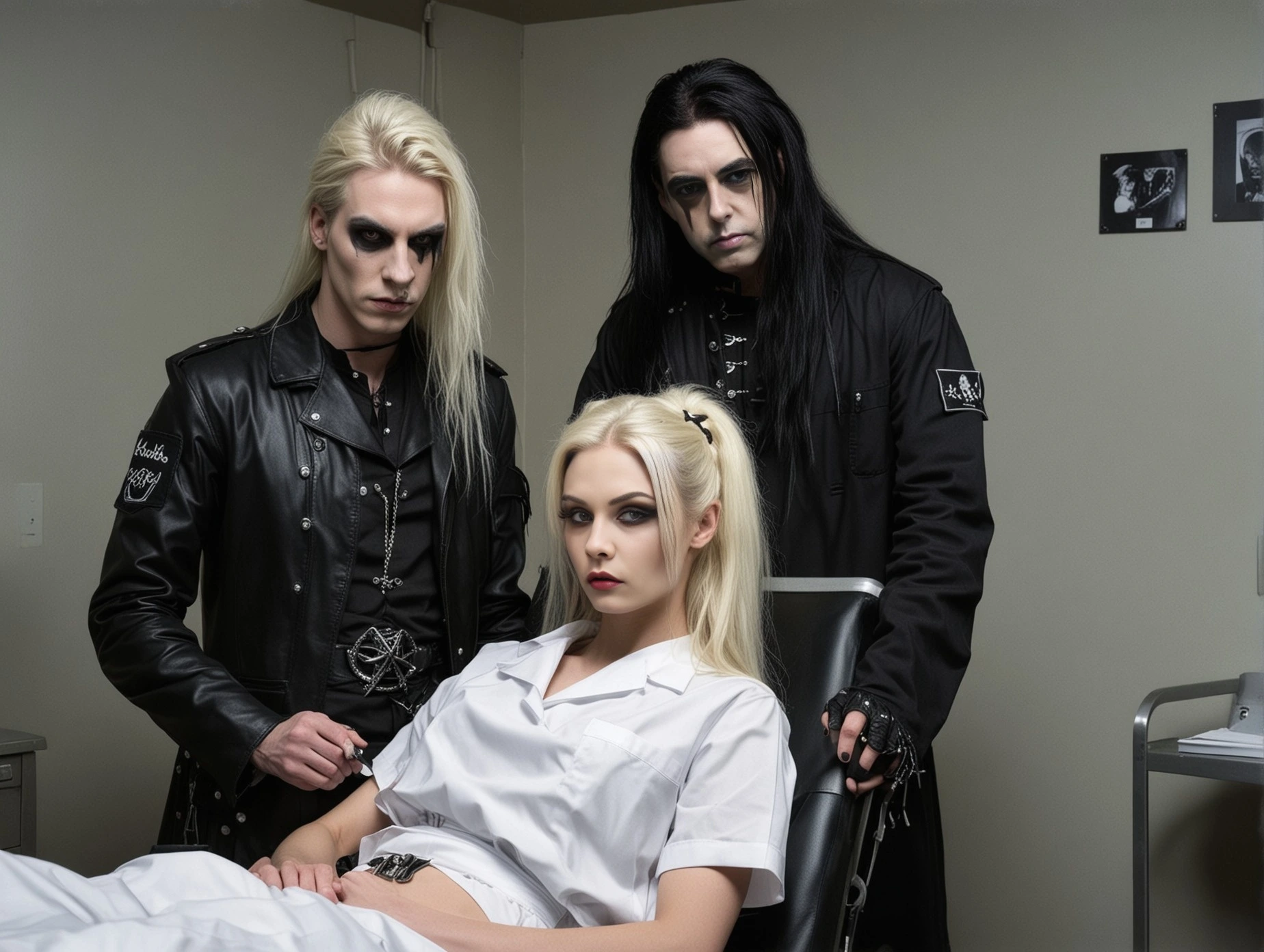 Blonde gothic trio with an evil gothic doctor in a black outfit, another blonde man in black leather, and a woman in white medical attire, surrounding a seated blonde woman.