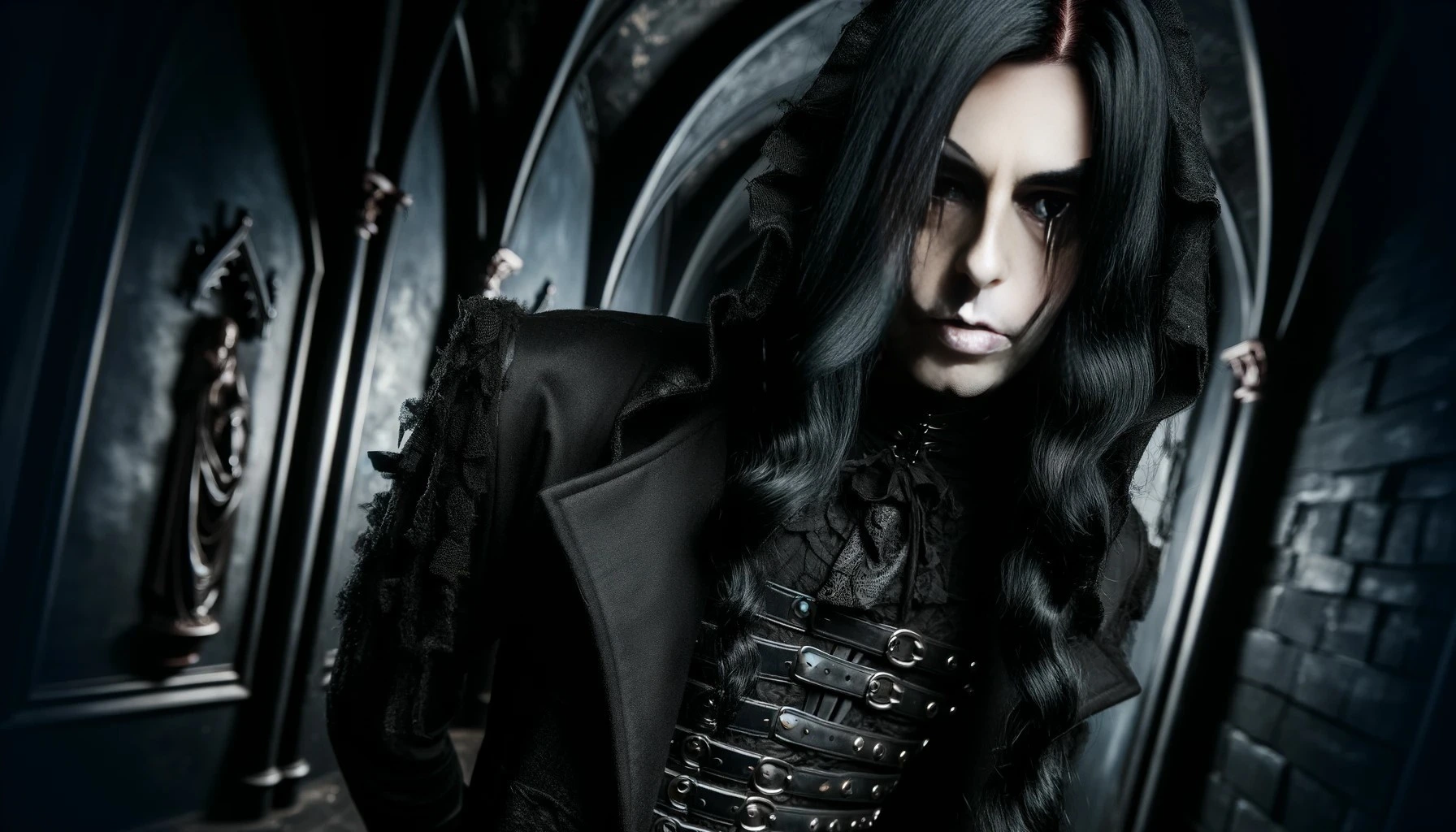 A gothic vampire man with long black hair, wearing a black leather jacket with silver buckles, standing in a dark gothic room.
