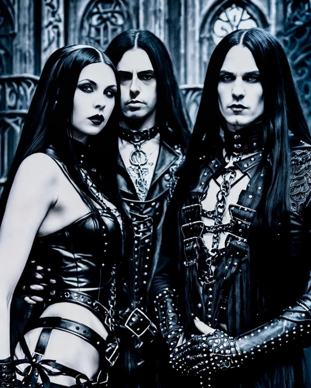 Three gothic vampires, two men and one woman, dressed in black leather and gothic accessories, standing in front of a gothic cathedral.
