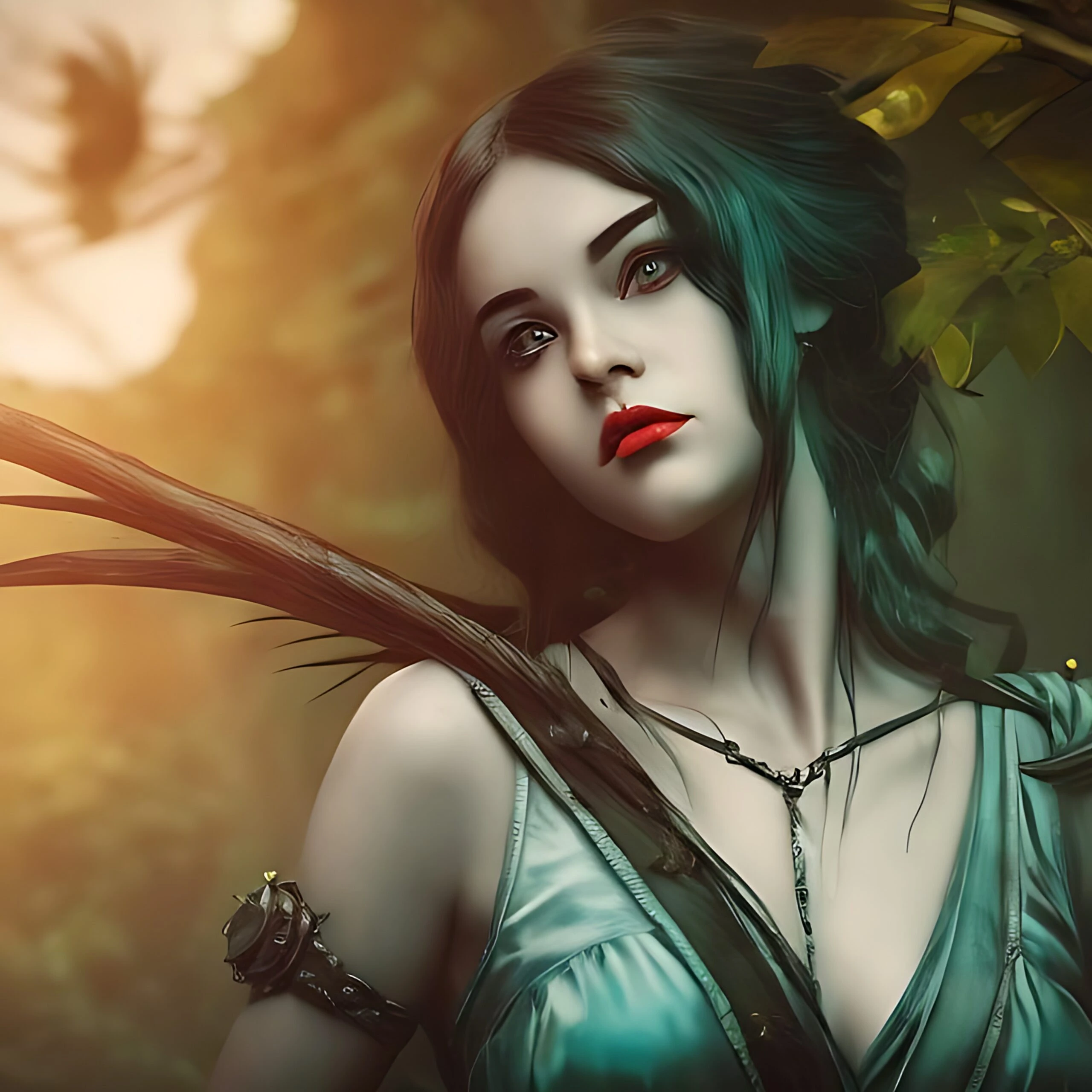 Elara, the enigmatic archer, gazing intently with a bow at her side in the mystical forest.