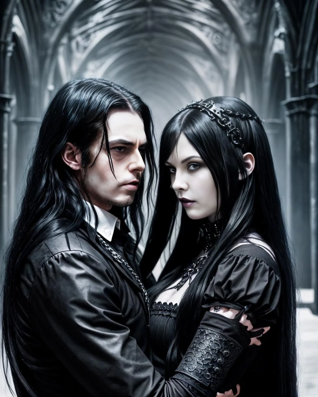 A gothic vampire couple, a man and a woman with long black hair, dressed in dark gothic clothing, standing closely together in a gothic hallway.