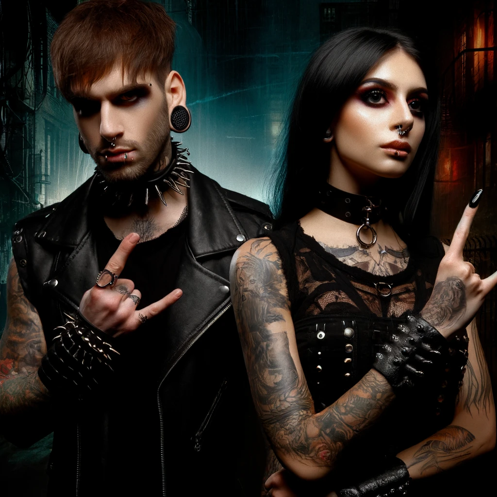 A man and a woman with goth and metalhead looks, including dark clothing, tattoos, and piercings, in a dark urban setting. When Metal Meets Hardcore.