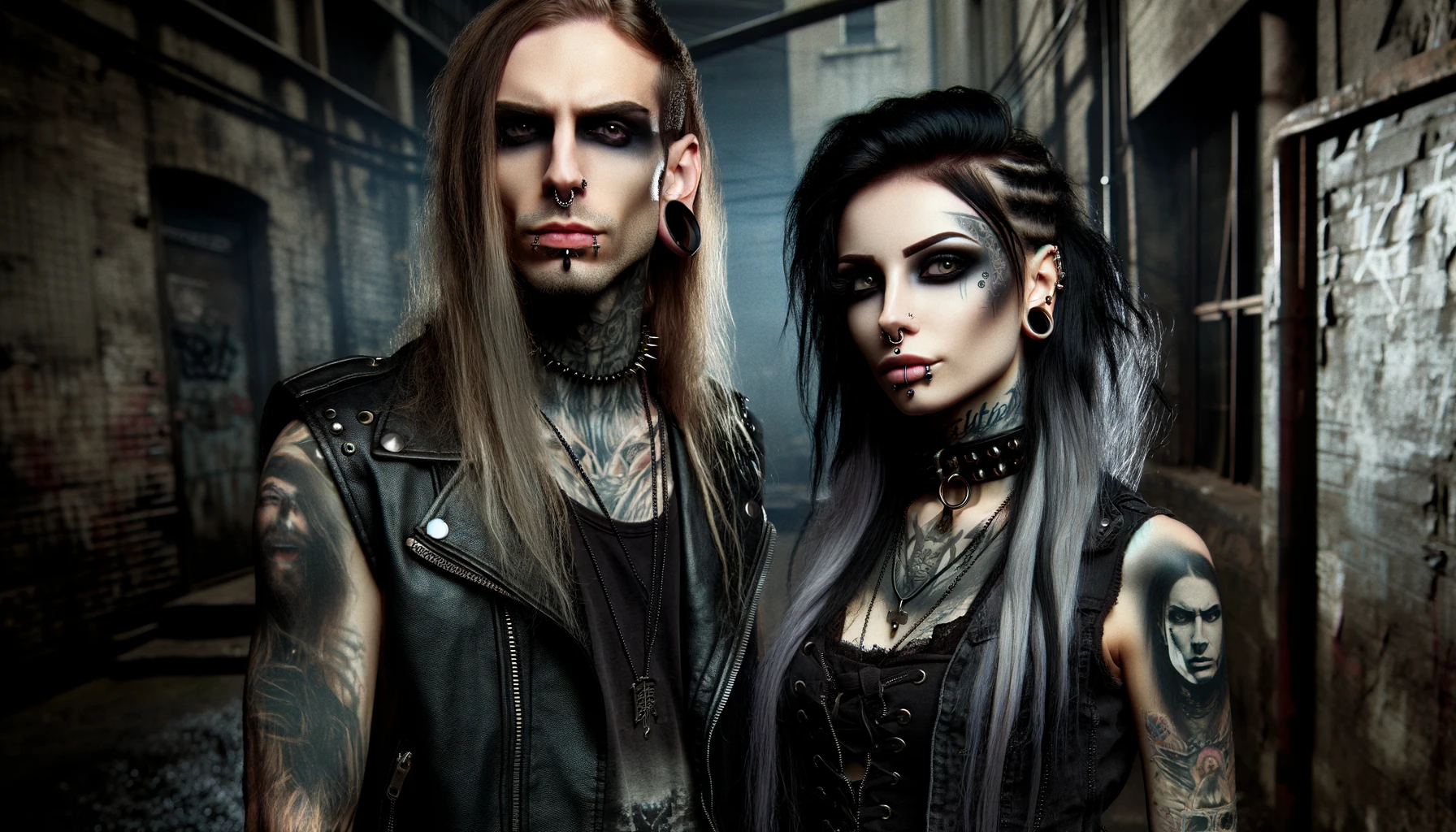 A man and a woman with goth and metalhead looks, including dark clothing, tattoos, and piercings, in a grungy urban setting. When Metal Meets Hardcore.