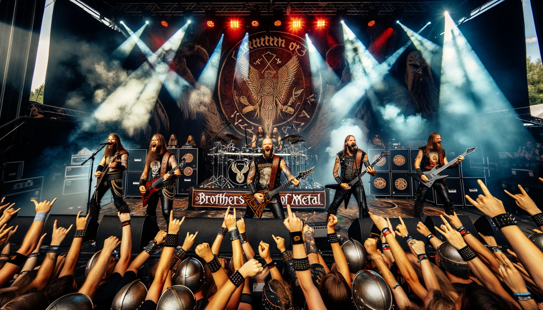 Brothers of Metal playing 'Brothers Unite' at Wacken Open Air, surrounded by energetic metalheads and Viking-themed stage decorations.