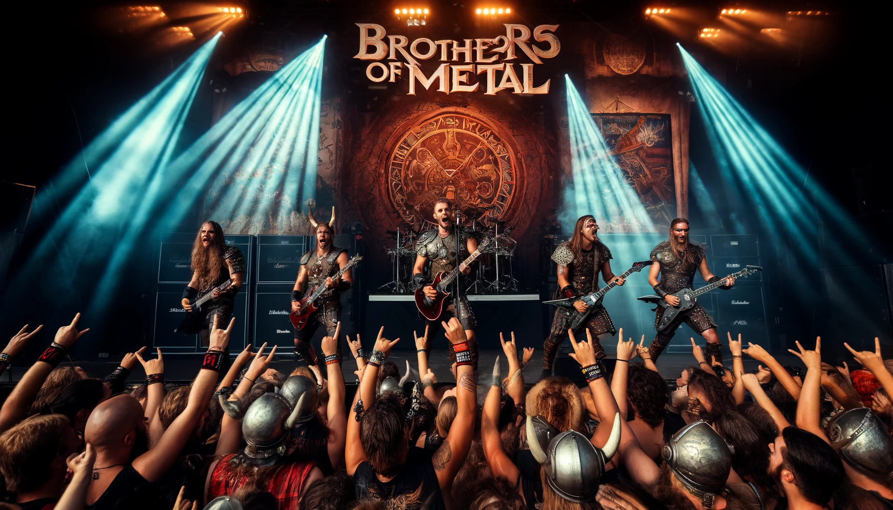 Brothers of Metal captivating the audience with 'Brothers Unite' at Wacken Open Air, adorned in Viking-inspired outfits and mystical stage effects.
