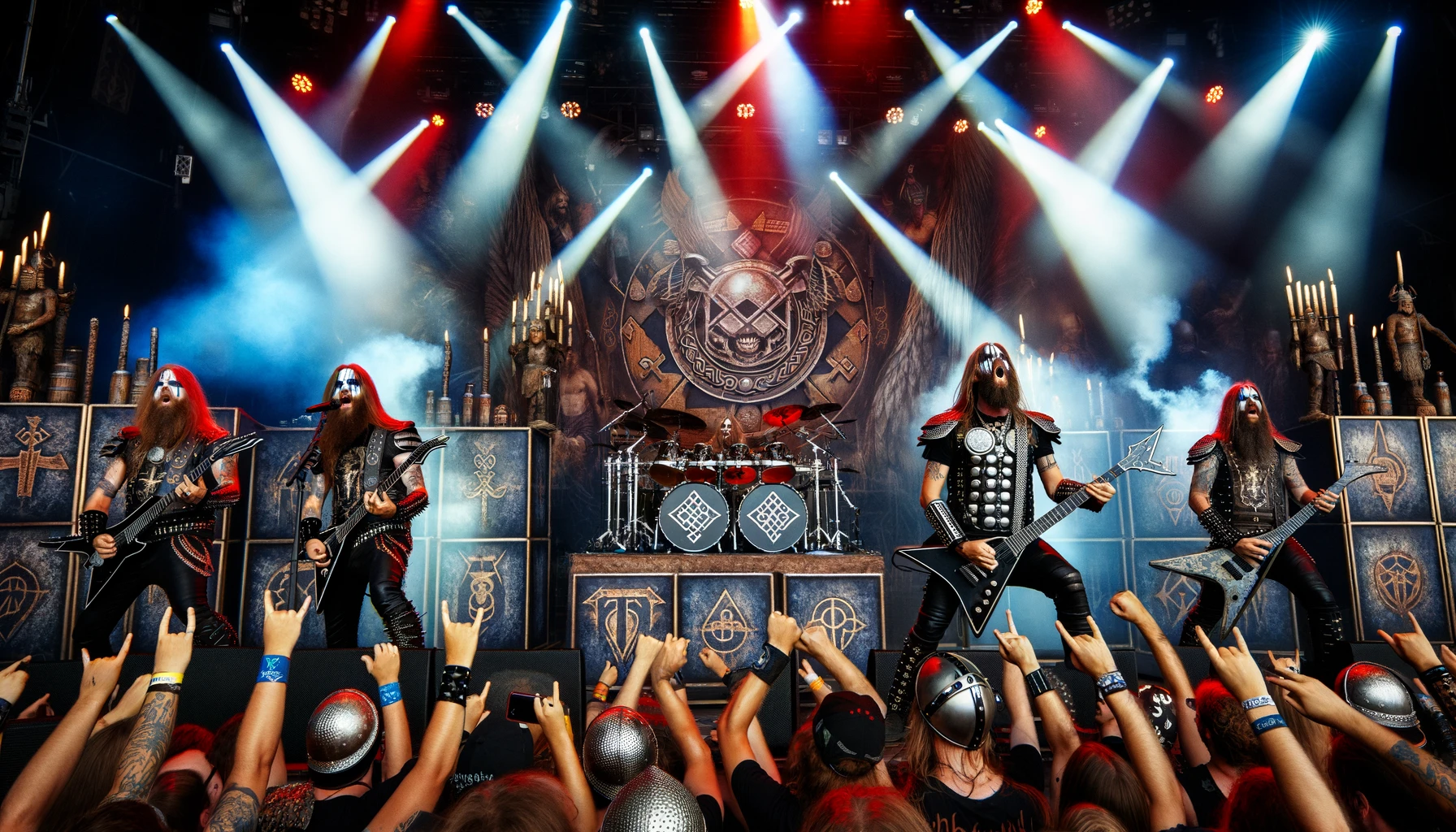 Brothers of Metal rocking the stage with 'Brothers Unite' at Wacken Open Air, featuring Norse symbols and an enthusiastic crowd.