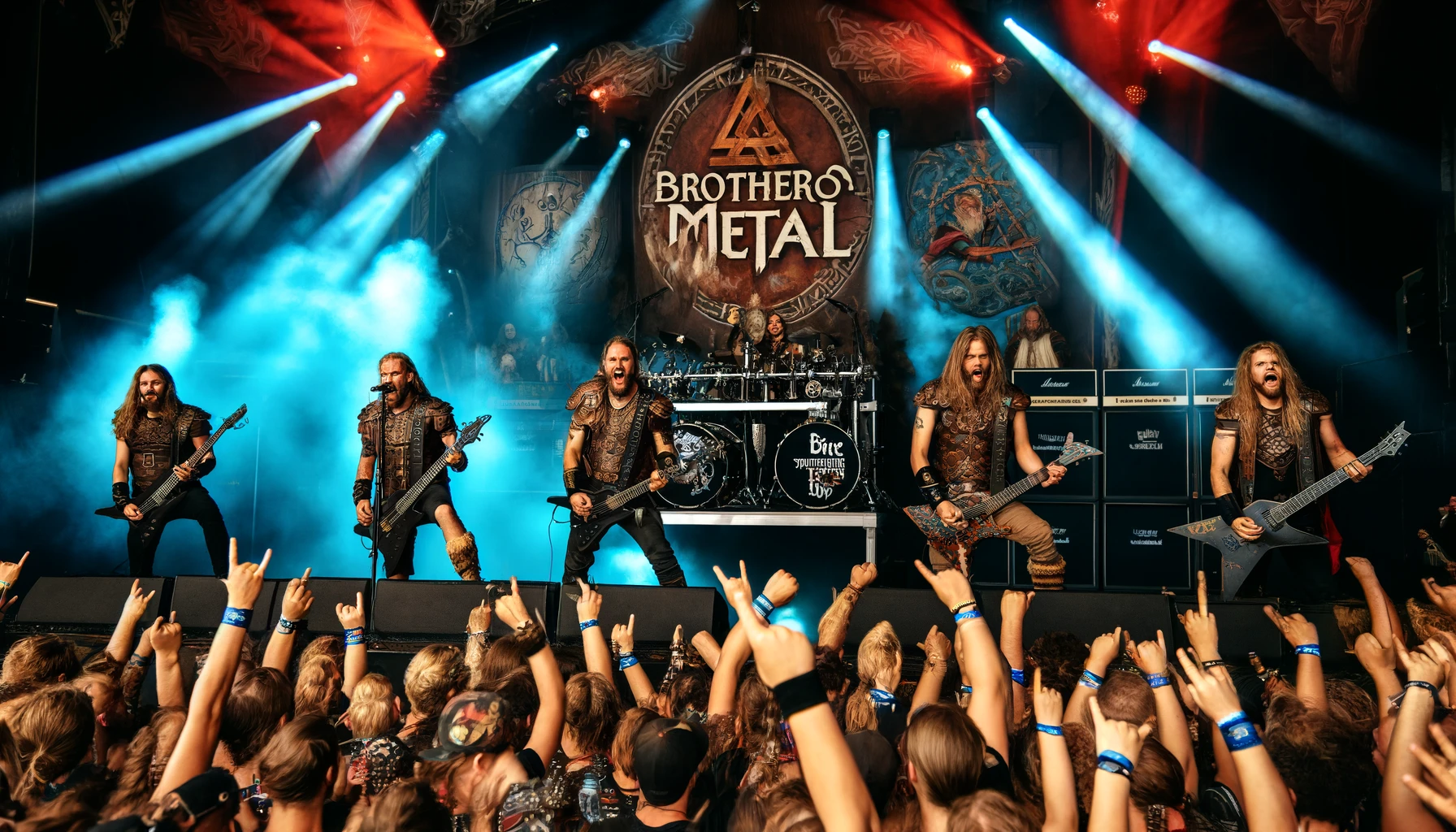 Brothers of Metal performing 'Brothers Unite' at Wacken Open Air, with dramatic lighting, Viking-inspired attire, and a lively crowd.