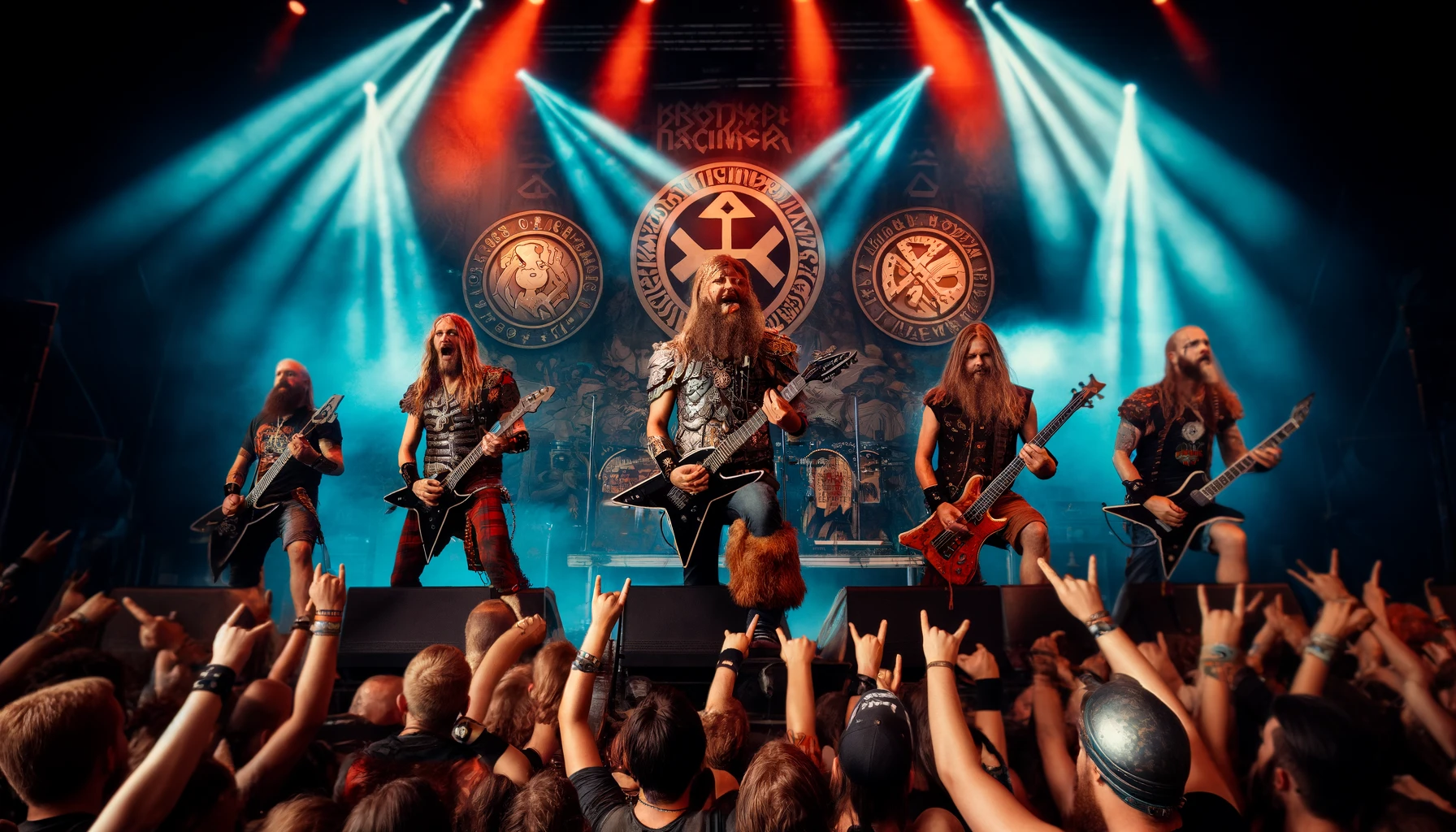 Brothers of Metal performing 'Brothers Unite' on stage at Wacken Open Air, dressed in Viking-inspired metal outfits with dramatic lighting and enthusiastic crowd.