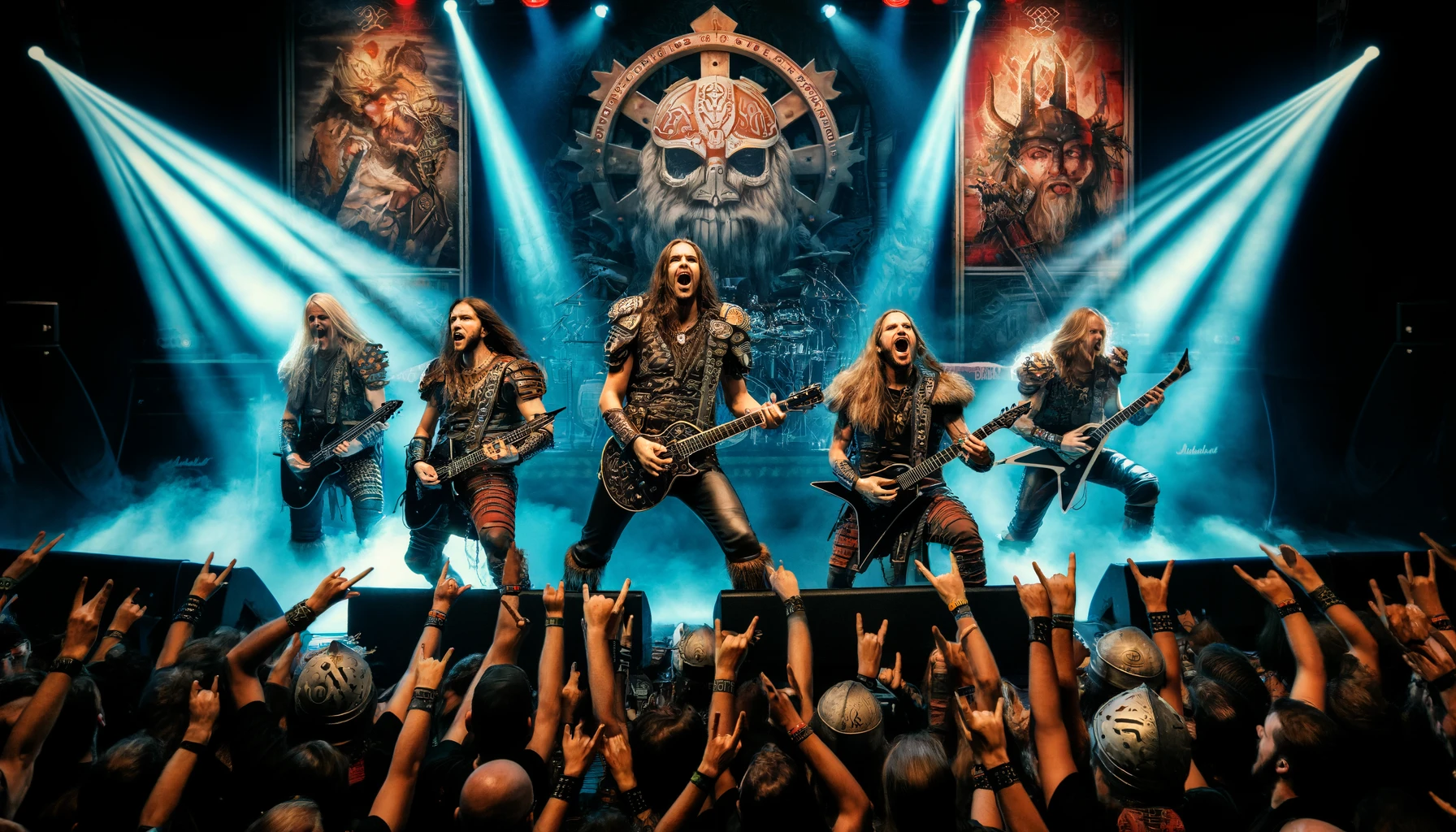 Brothers of Metal delivering an epic performance of 'Brothers Unite' at Wacken Open Air, featuring Norse mythology symbols and powerful stage presence.