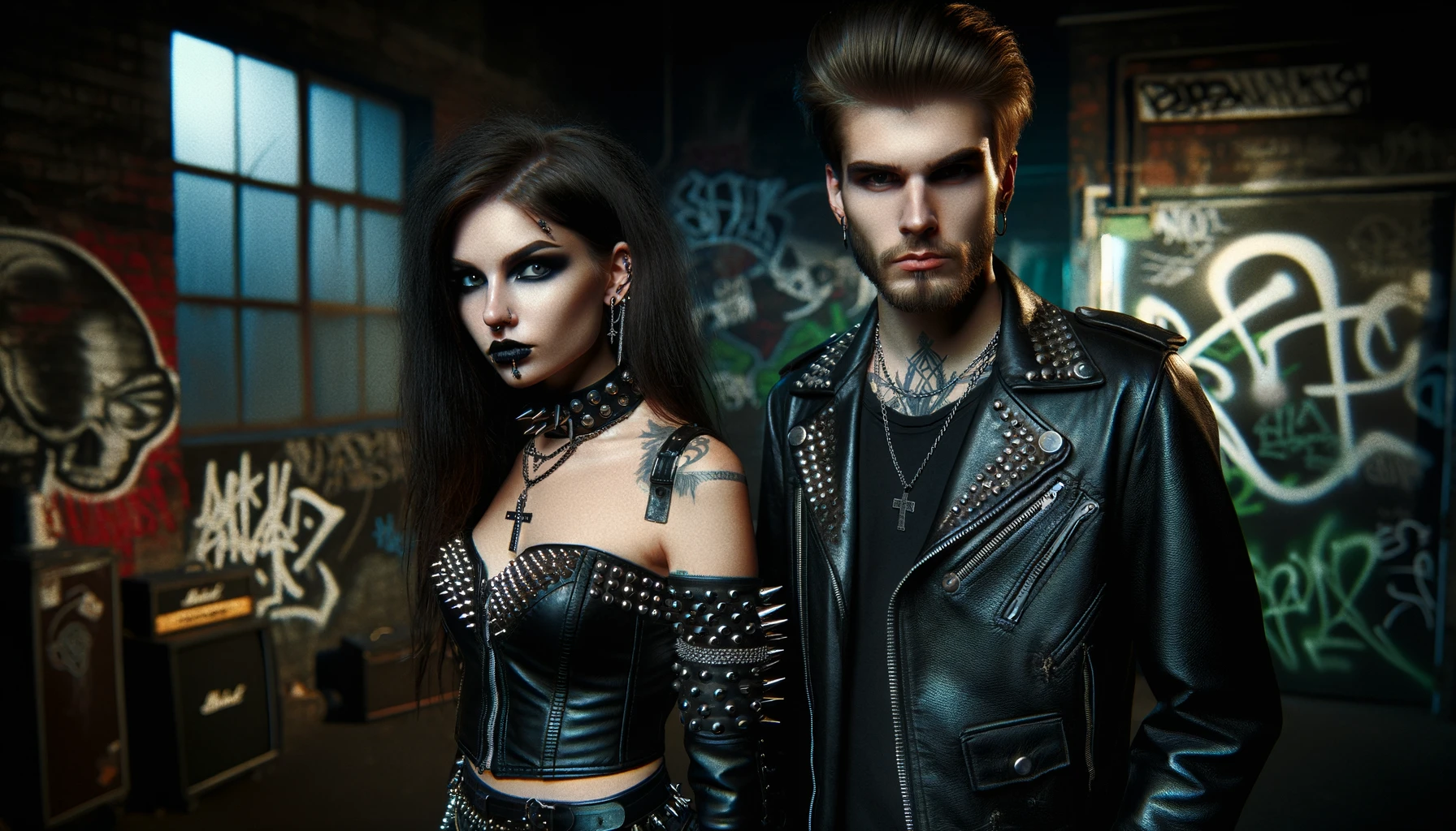 A metalhead man and woman standing together, both with fierce expressions, embodying the essence of Freedom Speech and Expression. The woman is dressed in black leather with metal accessories, against a backdrop of graffiti walls and dark lighting.