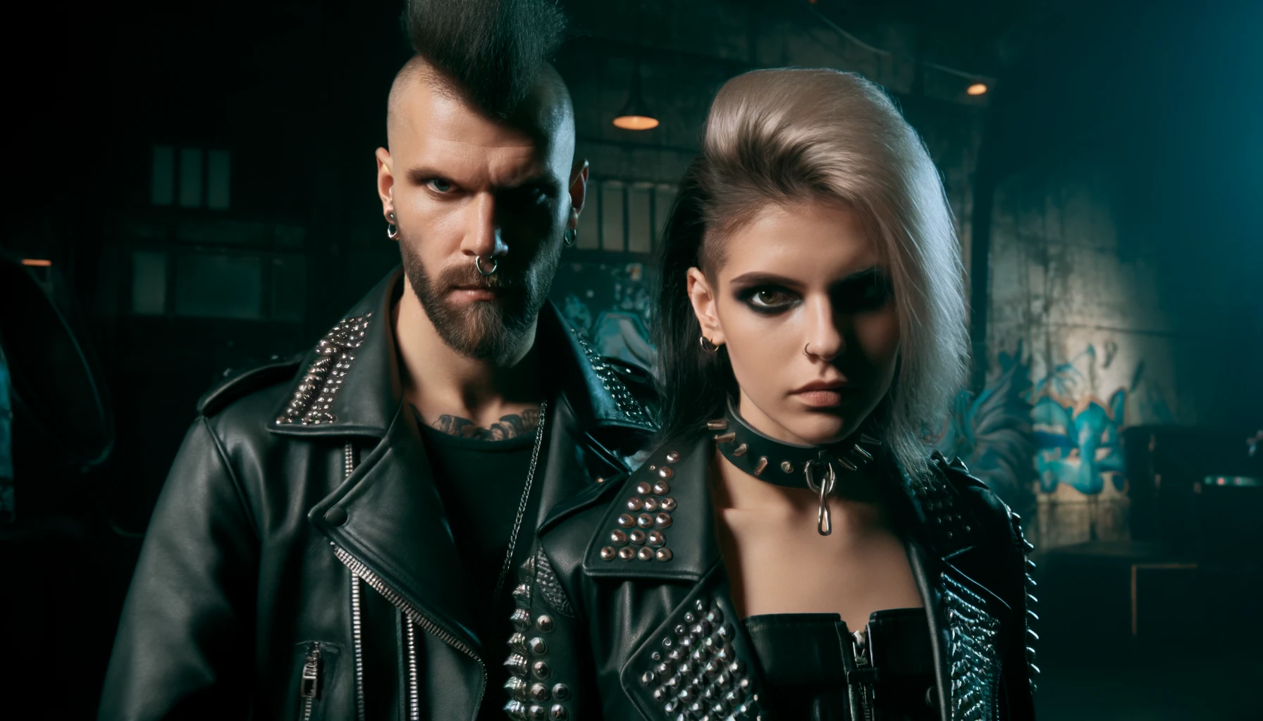 A metalhead man and woman with long black hair and rebellious expressions, signifying their dedication to Freedom Speech and Expression. The woman is dressed in black leather with studs, in a moody urban setting with graffiti.