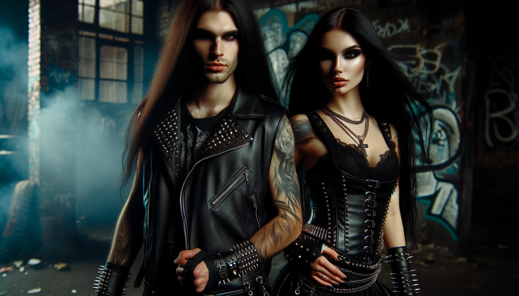A metalhead man and woman standing together with long black hair and fierce expressions, embodying the spirit of Freedom Speech and Expression. The woman is dressed in black leather with spikes, set against a dark, urban graffiti backdrop.