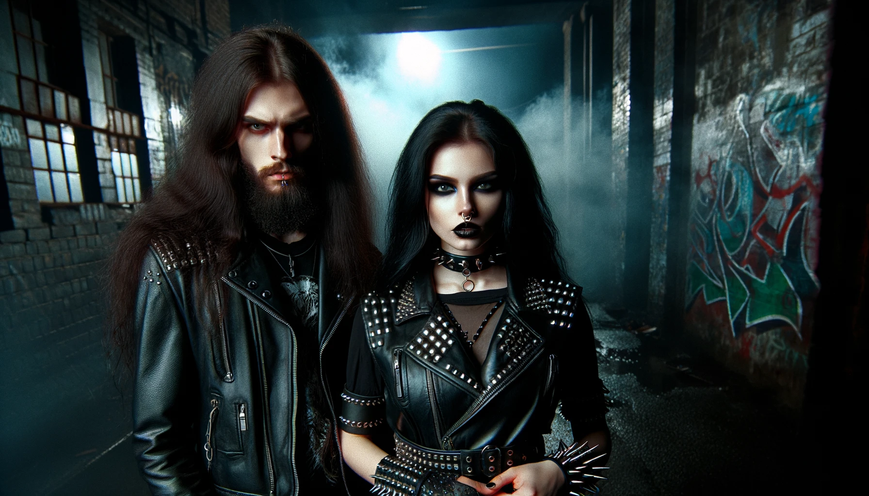 A metalhead man and woman with long black hair and intense expressions, symbolizing their commitment to Freedom Speech and Expression. The woman is dressed in black leather with studs, in a dimly lit urban environment with graffiti.