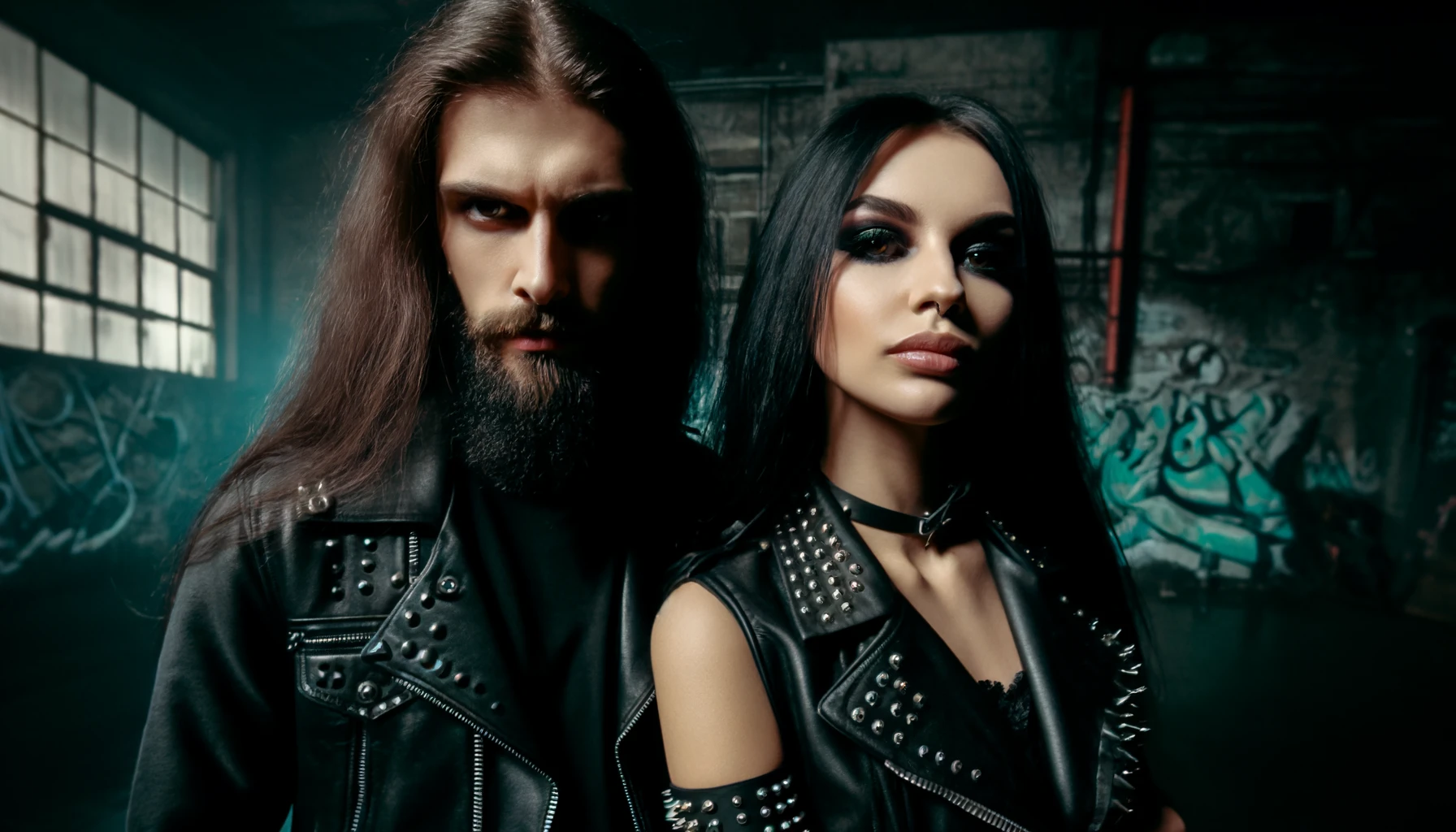 A metalhead man and woman with long black hair and determined expressions, representing their passion for Freedom Speech and Expression. The woman is in black leather with metal accessories, set in an urban scene with graffiti walls.