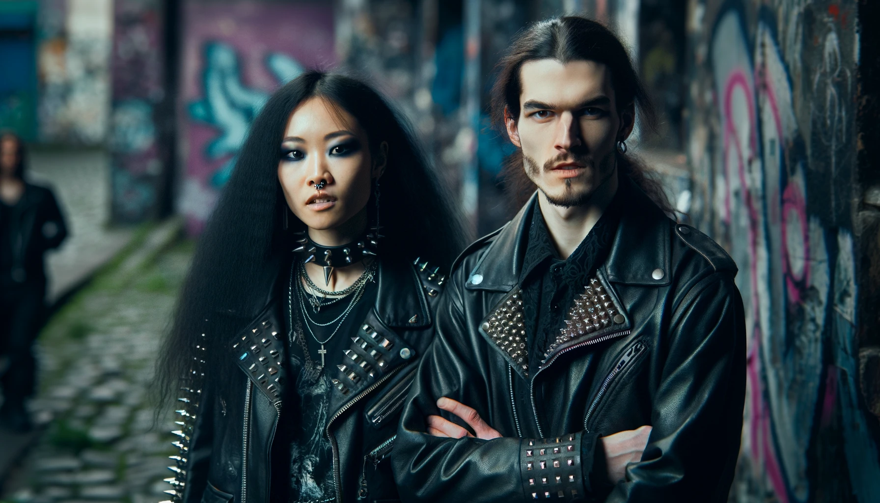 A metalhead man and woman with long black hair and powerful expressions, showcasing their support for Freedom Speech and Expression. The woman is dressed in black leather with studs, in a gritty urban setting with graffiti.
