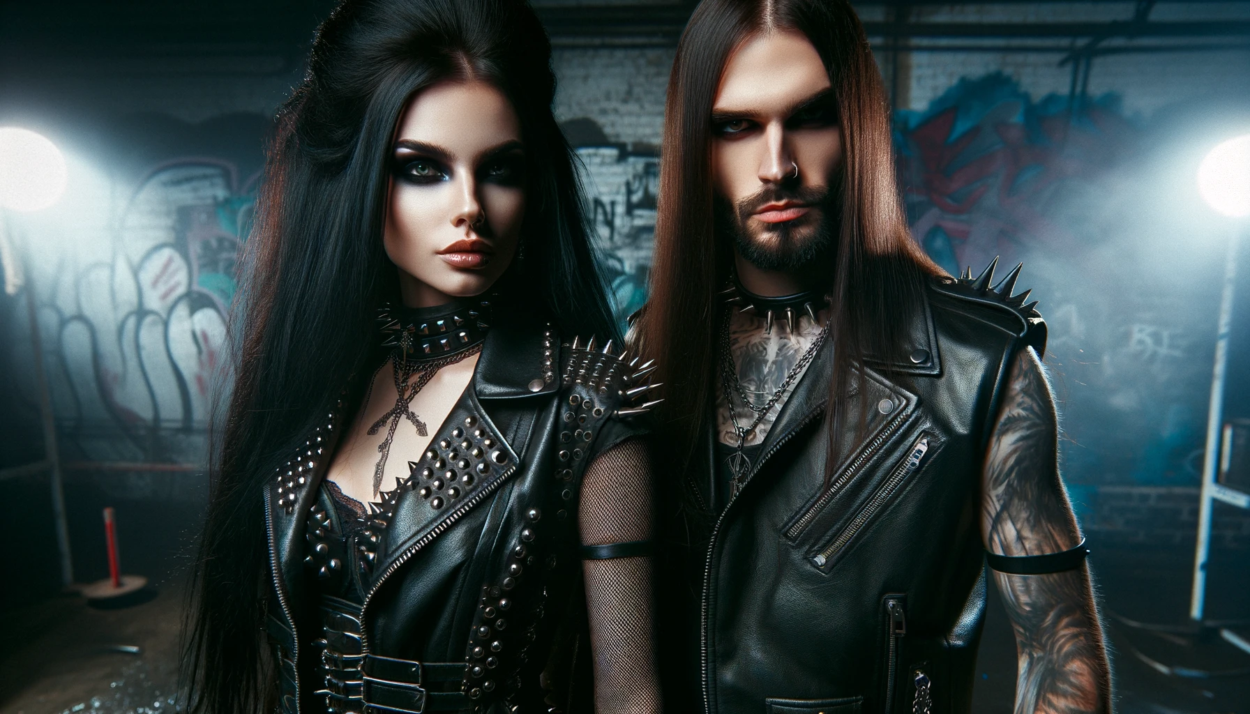 A metalhead man and woman with long black hair and intense expressions, reflecting their advocacy for Freedom Speech and Expression. The woman is dressed in black leather with spikes, set in a dark urban area with graffiti walls.