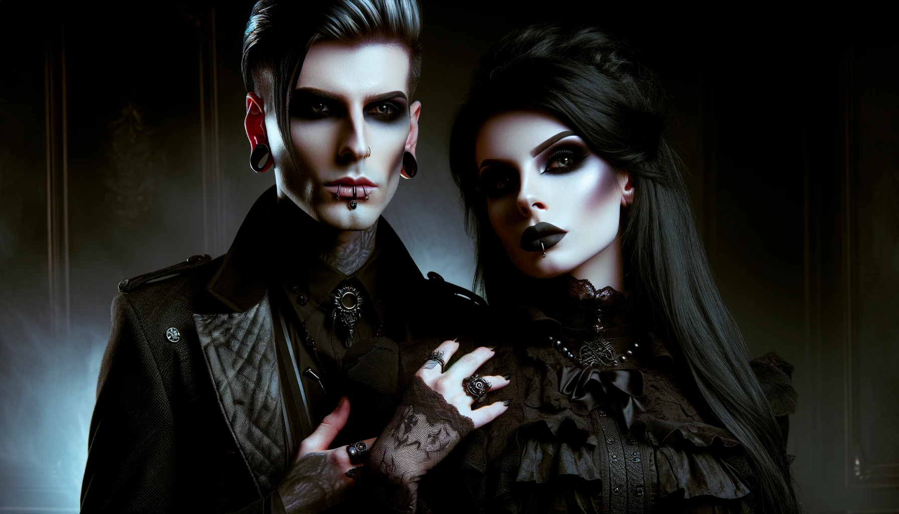 Blutengel - Wir Sind das Licht: Close-up of a gothic male and female band member with dark makeup and black clothing in a mysterious setting.