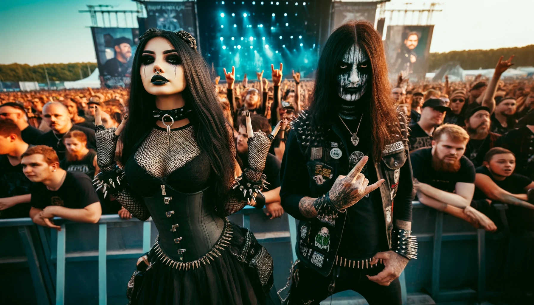 A vibrant scene at a metal festival with a large stage in the background, featuring intense lighting and a crowd of enthusiastic metalheads. In the foreground, a gothic woman with long dark hair and a blackmetalhead man with corpse paint on his face enjoy the music.