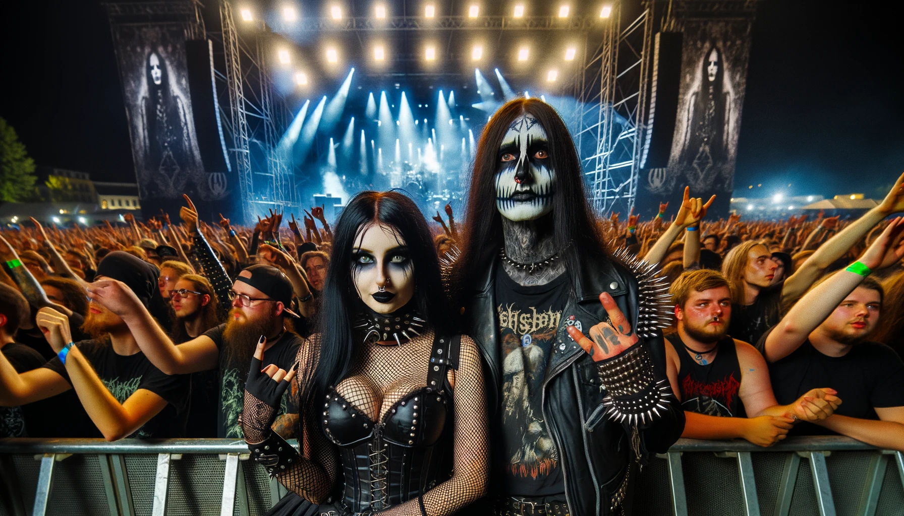 A nighttime scene at a metal festival with a large stage in the background, featuring intense lighting and a crowd of enthusiastic metalheads. In the foreground, a gothic woman with long dark hair and a blackmetalhead man with corpse paint on his face enjoy the music.
