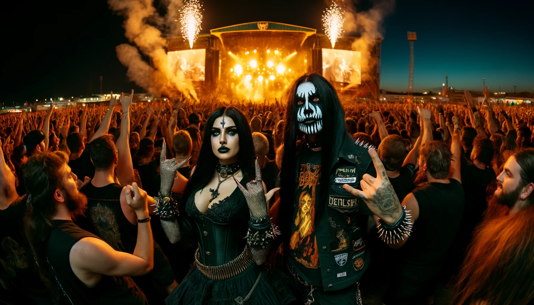 A vibrant nighttime scene at a metal festival with a large stage in the background, featuring intense lighting, pyrotechnics, and a crowd of enthusiastic metalheads. In the foreground, a gothic woman with long dark hair and a blackmetalhead man with corpse paint on his face enjoy the music.