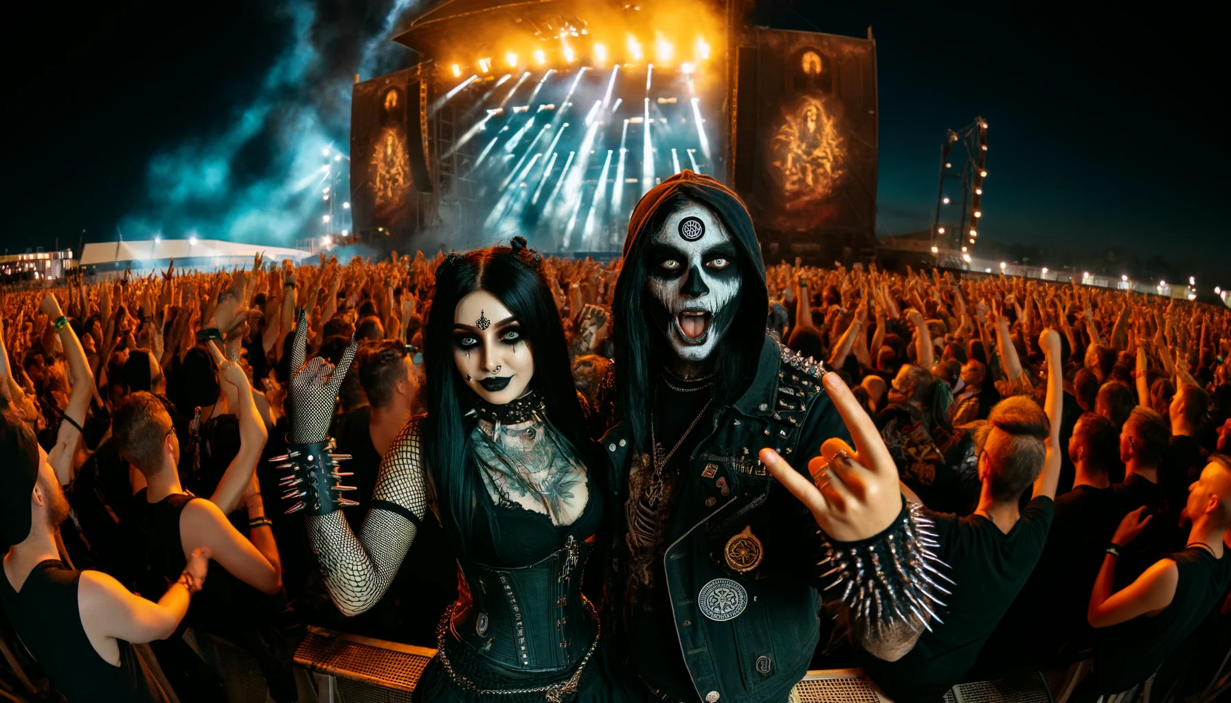 A vibrant nighttime scene at a metal festival with a large stage in the background, featuring intense lighting and pyrotechnics. In the foreground, a gothic woman with long dark hair and a blackmetalhead man with corpse paint on his face enjoy the music with a crowd of metalheads.