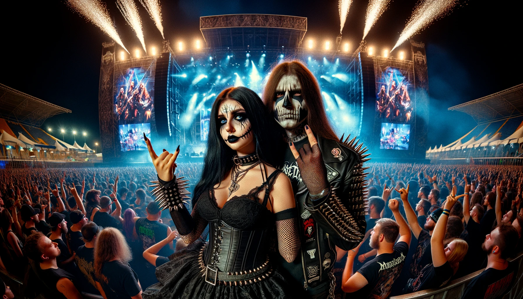 A gothic woman in a latex corset and pants standing with a man wearing a leather jacket at a nighttime outdoor event."