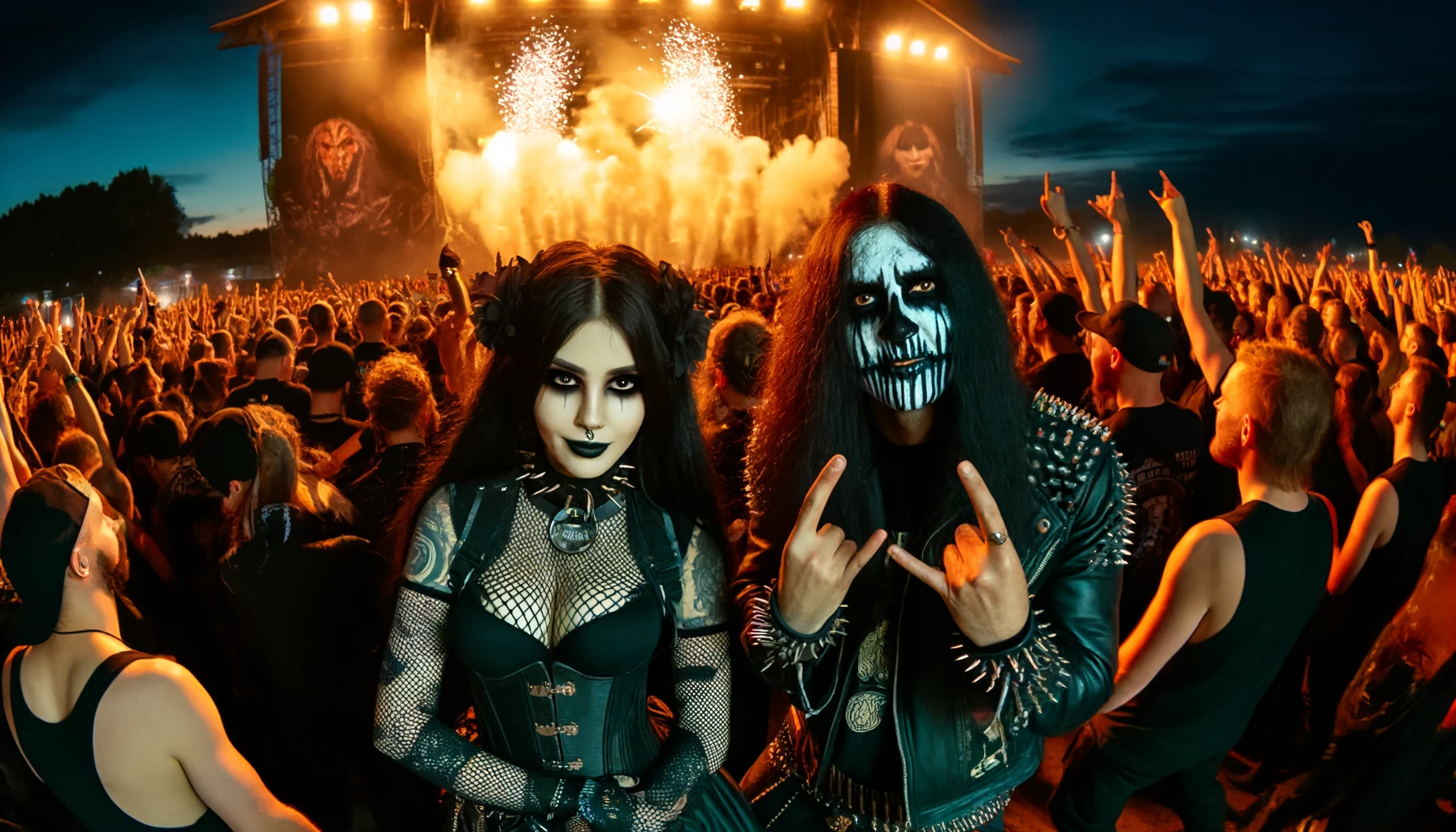 Two women dressed in gothic and steampunk attire, with one wearing goggles on her head, posing at an outdoor nighttime event.