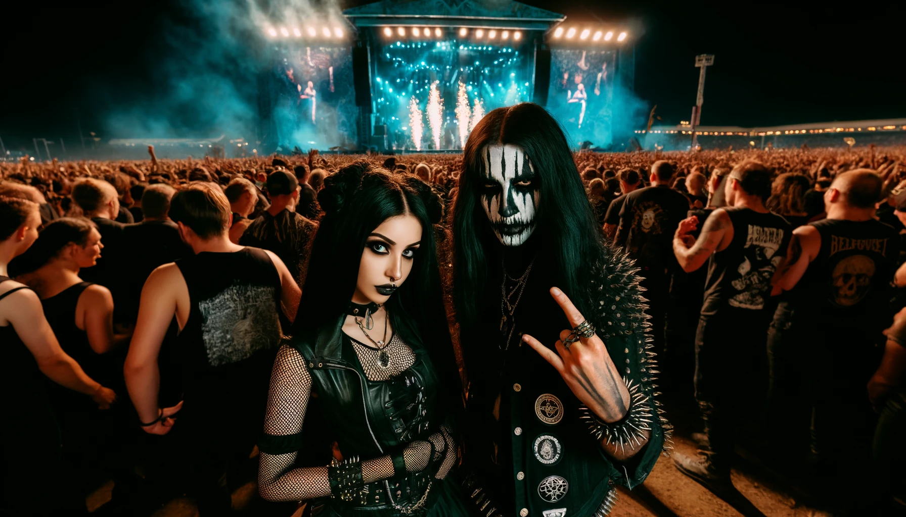 Face-Melting Festivals: A vibrant nighttime scene at a metal festival with a large stage in the background, featuring intense lighting and pyrotechnics. In the foreground, a gothic woman with long dark hair and a blackmetalhead man with corpse paint on his face enjoy the music with a crowd of metalheads.
