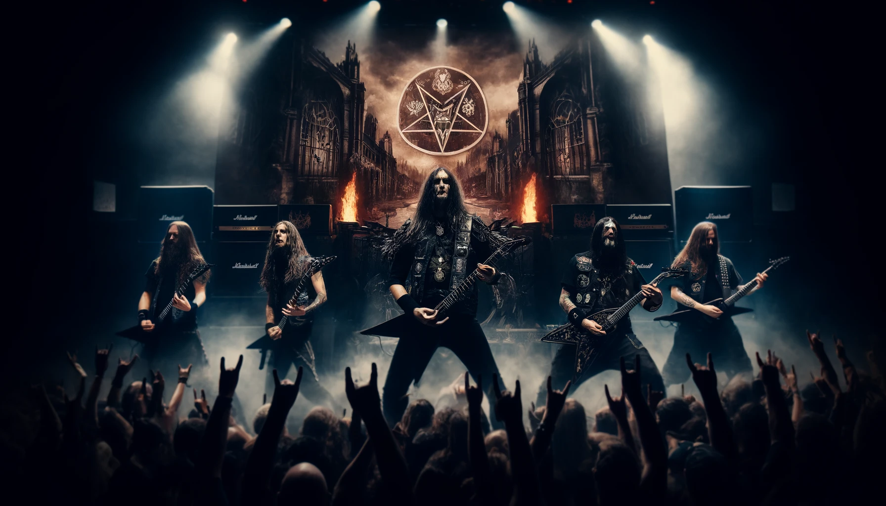 Anti-Religious Sentiments in Metal Music: An evocative scene with a metal band performing on a stage with dark, gothic aesthetics.