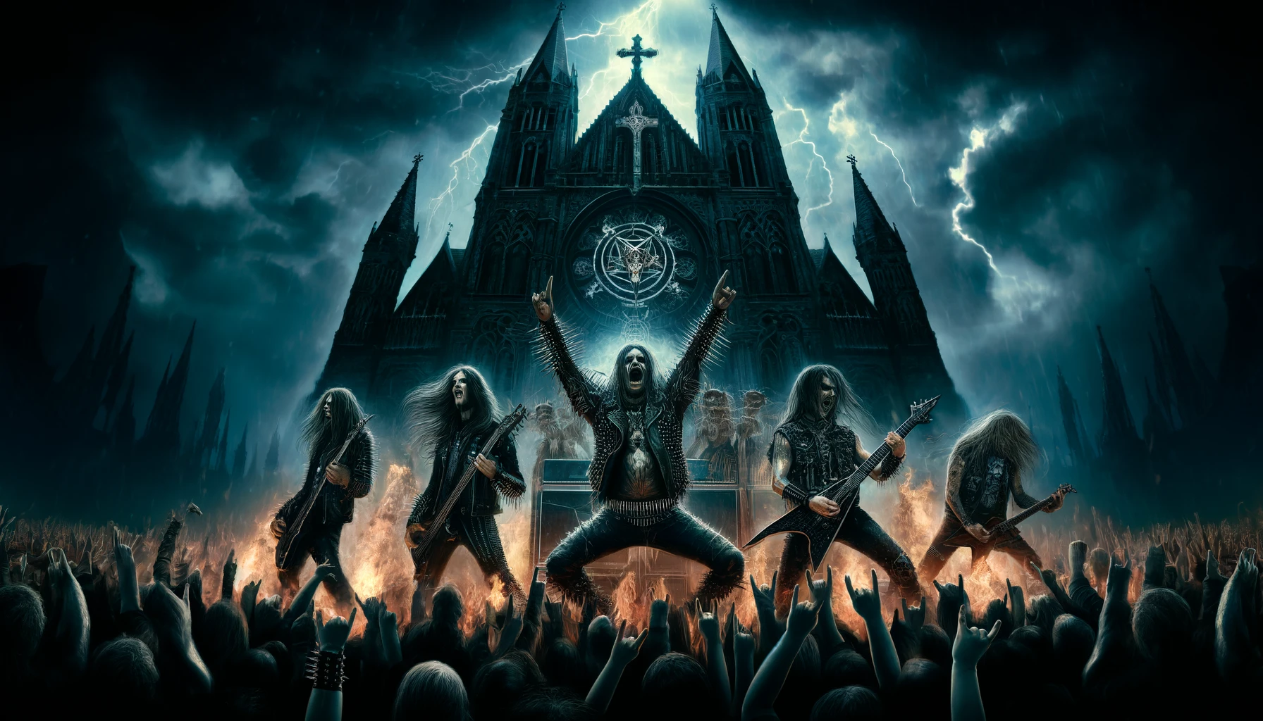 Anti-Religious Sentiments in Metal Music: A powerful scene with a metal band performing on stage with dark, intense lighting.