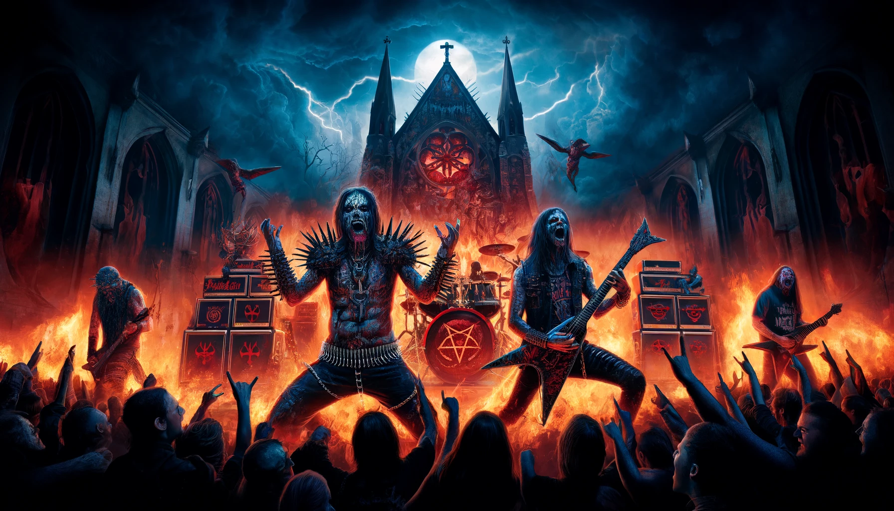 Anti-Religious Sentiments in Metal Music: A vivid scene with a metal band performing energetically on a dark stage.