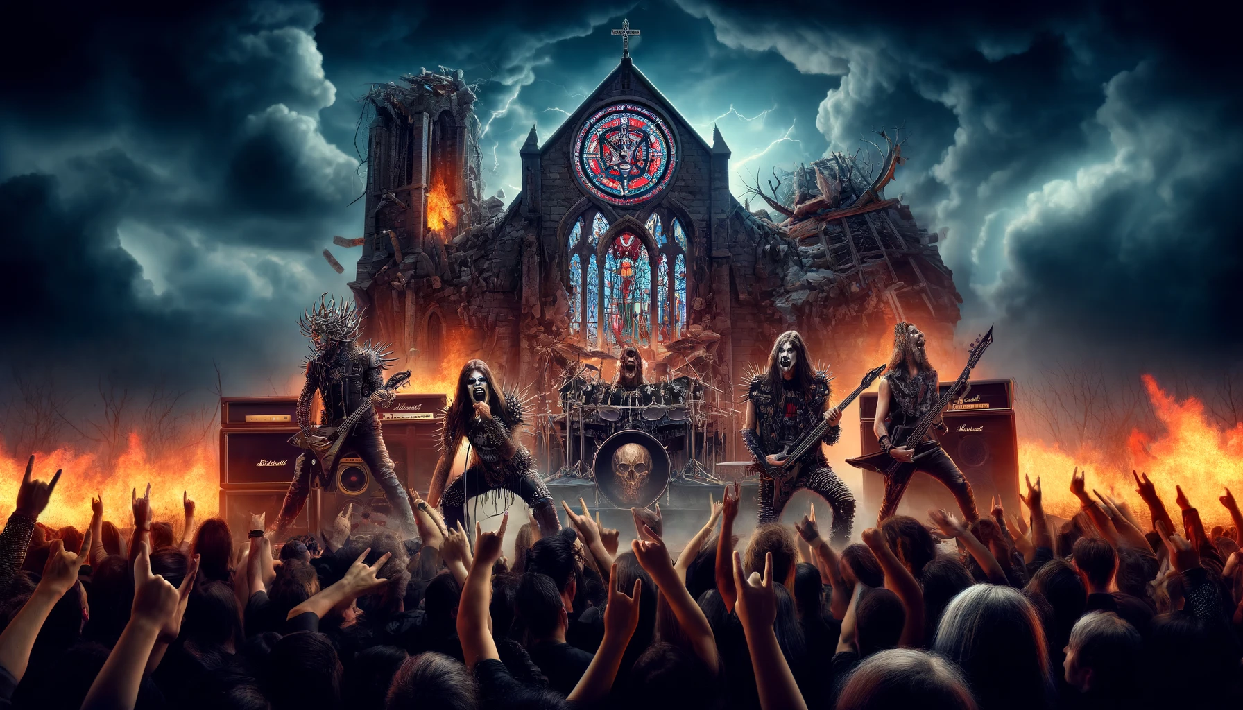 A vivid scene illustrating anti-religious sentiments in metal music. The image shows a metal band performing on a stage with a dramatic, dark setting.
