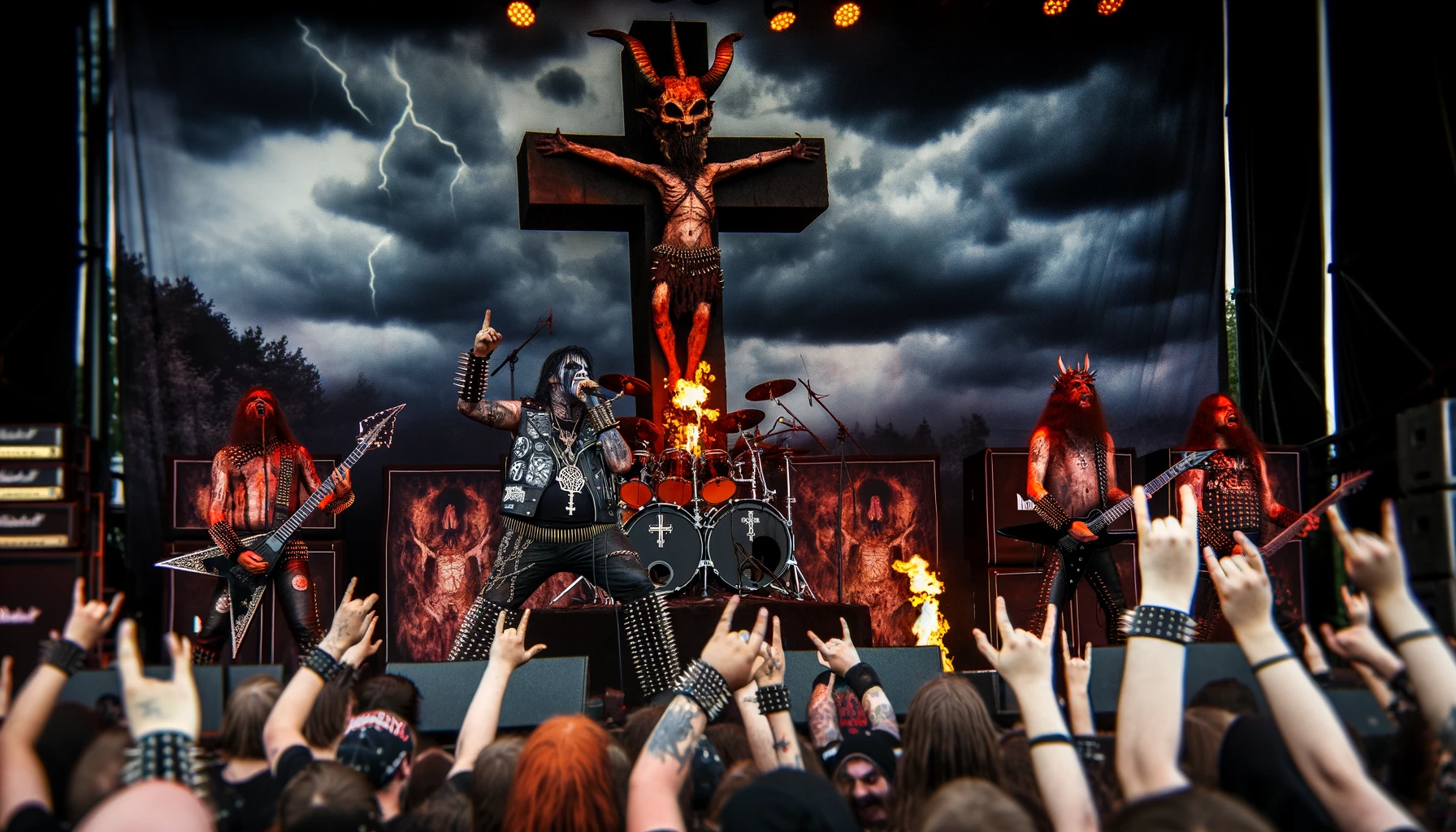 Anti-Religious Sentiments in Metal Music: A vivid scene with a metal band performing on a dramatic, dark stage.