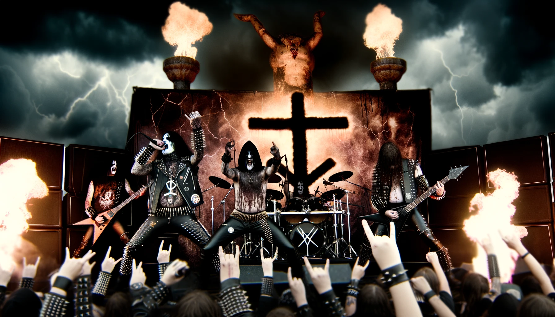 Anti-Religious Sentiments in Metal Music: An evocative scene with a metal band performing on a stage with dark, gothic aesthetics.