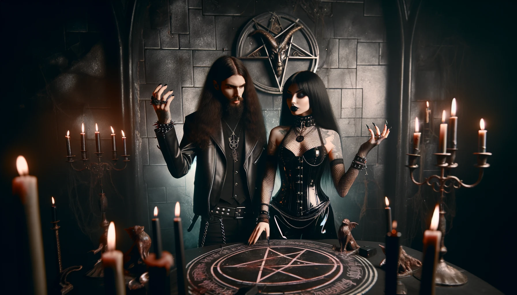 Satanic Ritual: Gothic girl and rocker man dressed in black performing a dark ritual with candles and pentagrams.