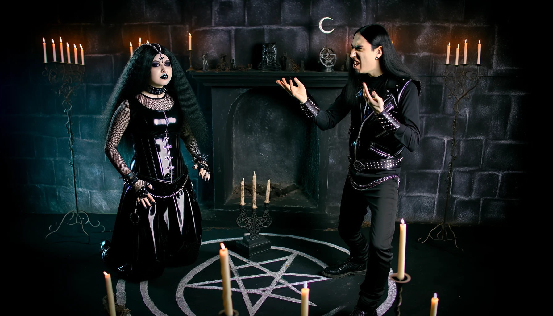 The Rituals of Darkness: Gothic girl in a latex leather corset and pants performing a satanic ritual with a rocker man in black.