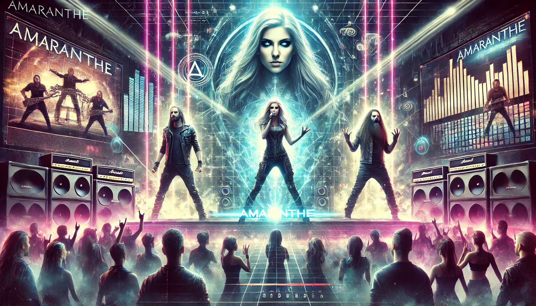Dynamic and electrifying stage performance inspired by the band Amaranthe, featuring vibrant lights, lasers, digital screens with the band's logo, and three vocalists with distinct styles, all set against a backdrop of heavy metal and modern electronic visuals.