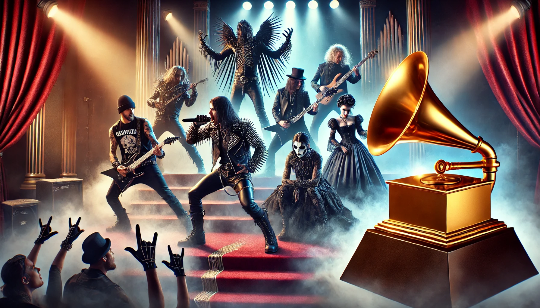 A powerful scene depicting a metal band and a goth band performing passionately on stage. The metal band members, in leather and spikes with long hair, perform energetically, while the goth band, dressed in Victorian-inspired attire, creates a moody atmosphere with fog and dramatic lighting. A large golden Grammy award statue overshadows the bands.