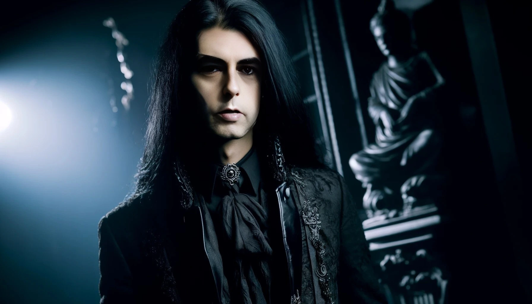 A gothic vampire man with long black hair, wearing an ornate black coat, leaning forward with a serious expression in a gothic hallway.