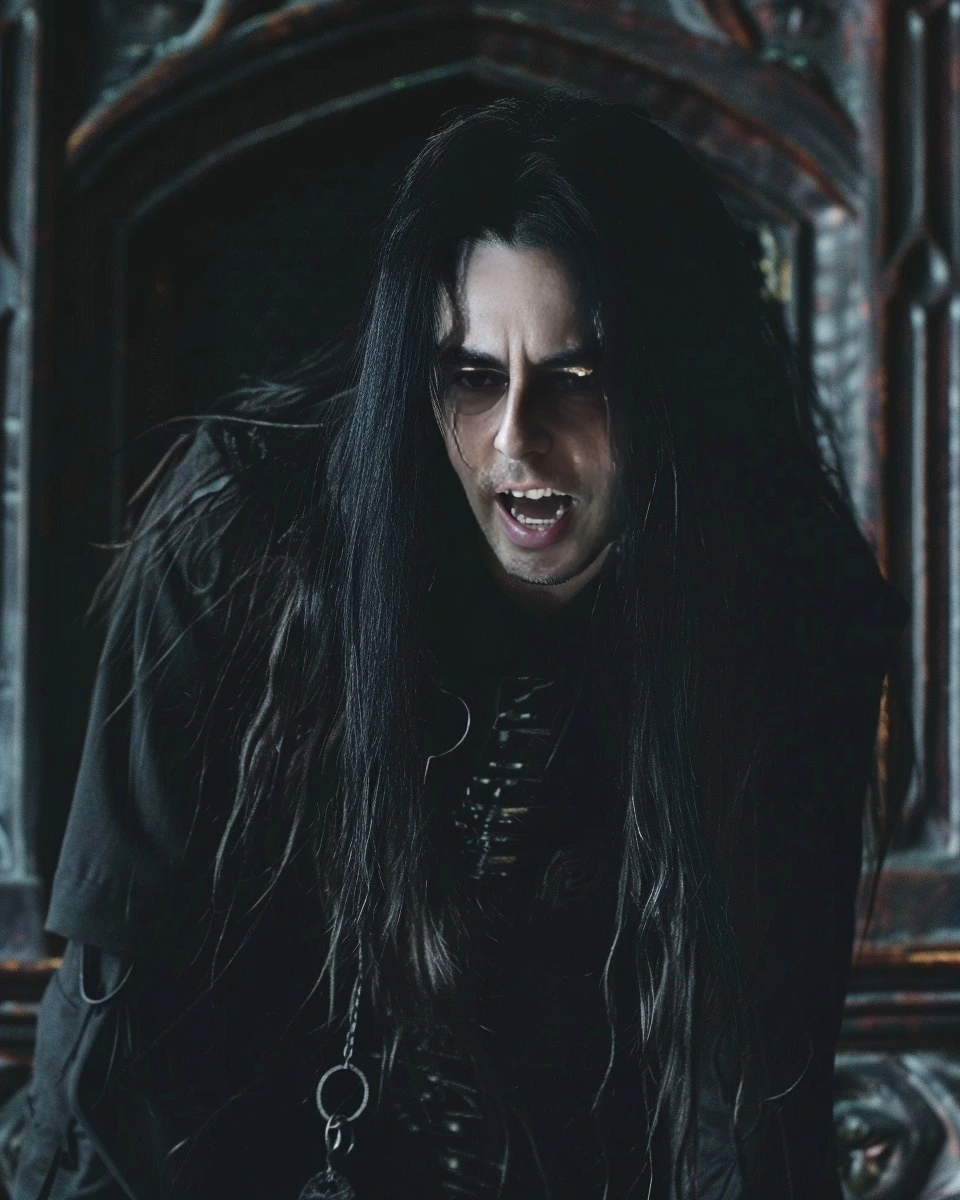 A gothic vampire man with long black hair and dark clothing, baring his fangs and showing a fierce expression in a gothic setting.