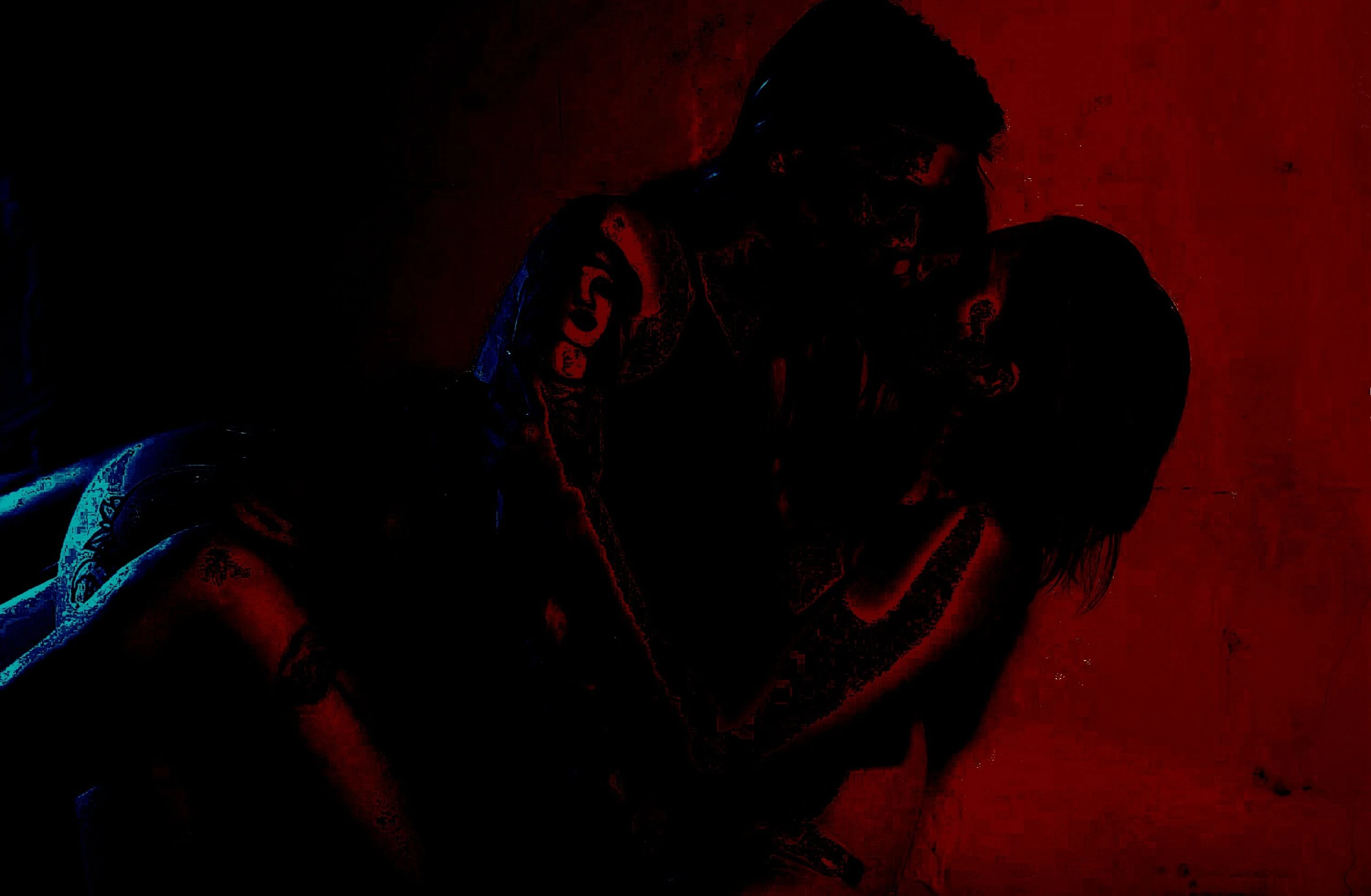 Two individuals engaging in intimate BDSM sexual activities in a dimly lit room.