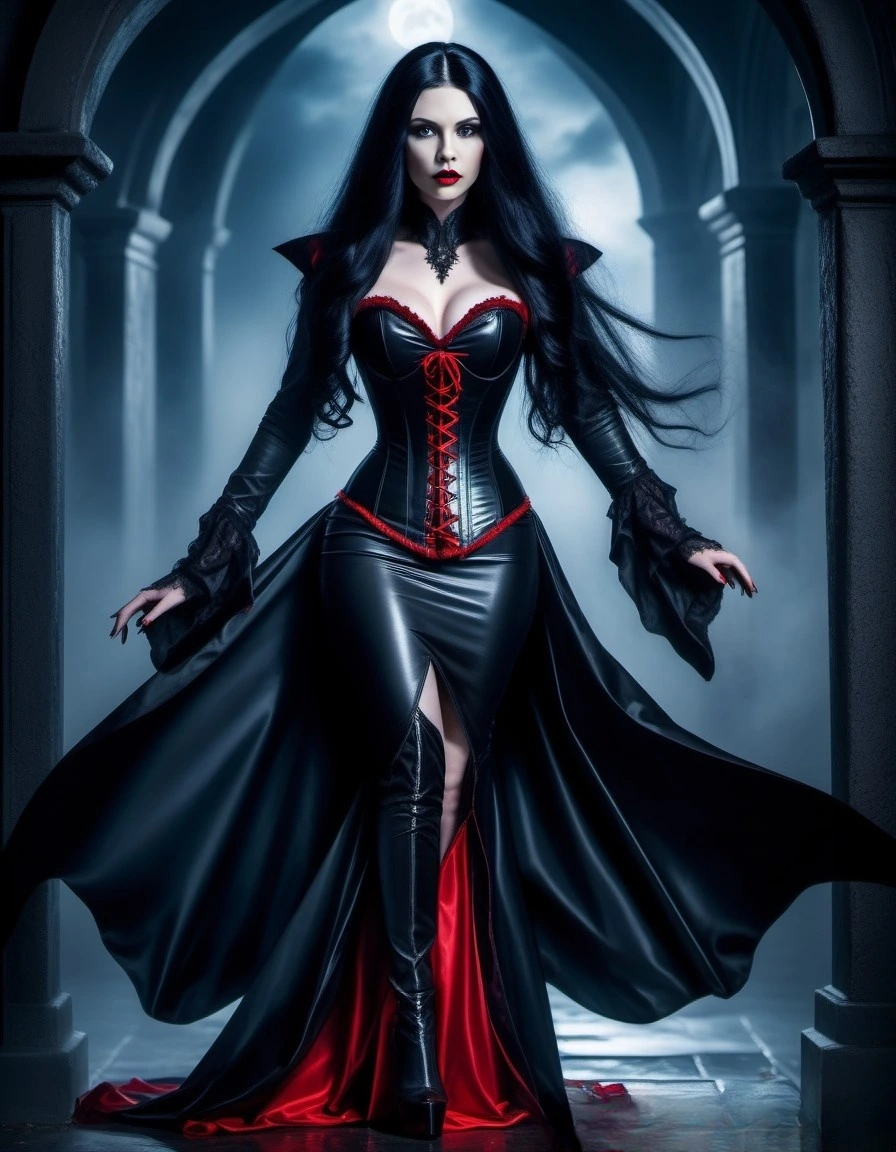 A gothic woman in a black leather corset dress with red accents, standing confidently in a gothic archway with the moonlight shining behind her.