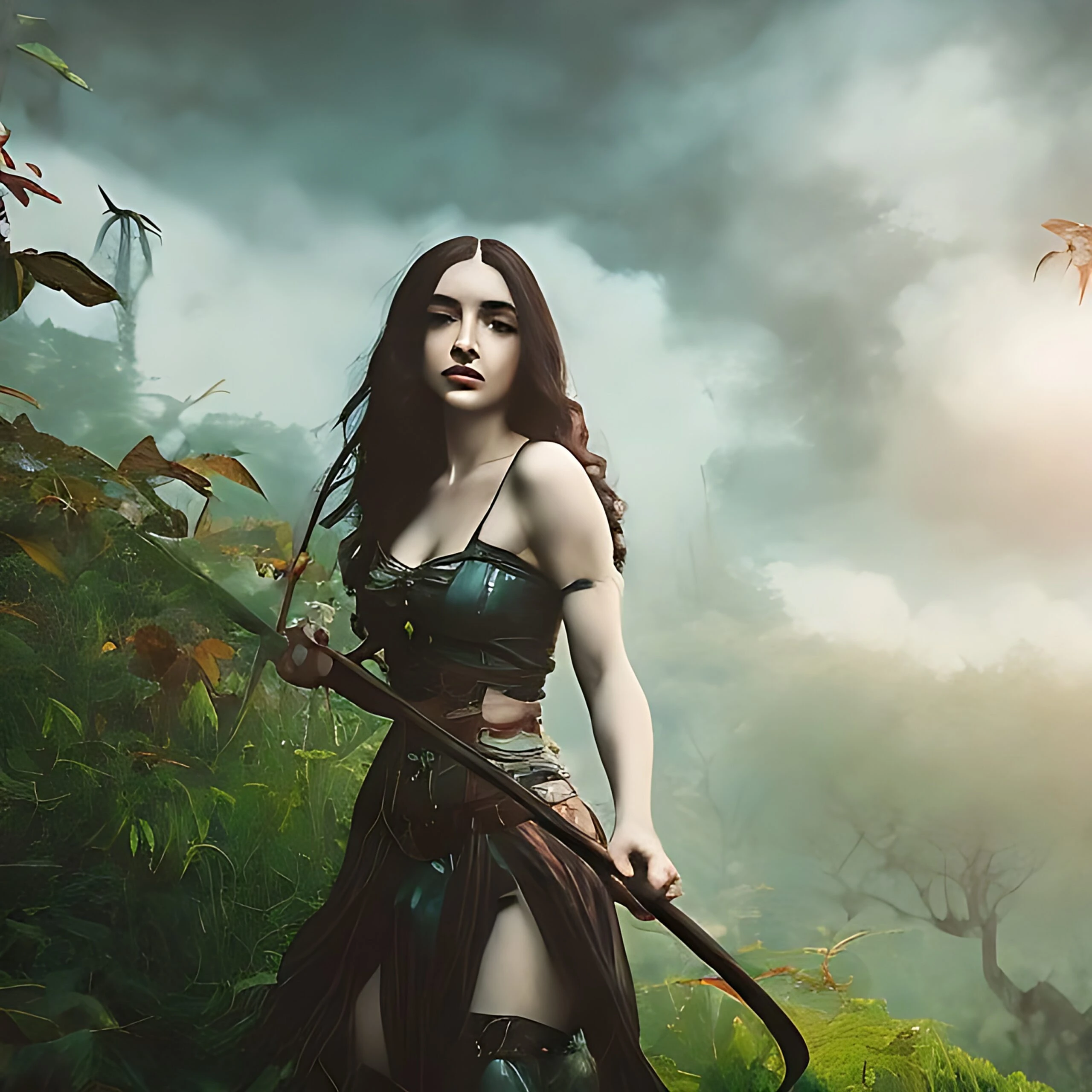 Elara, the archer, standing ready for battle in the heart of the Whispering Woods, under a cloudy sky.