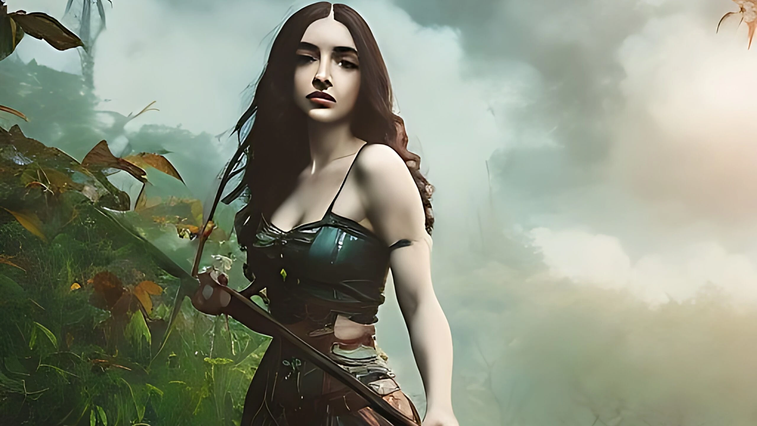 Elara, the guardian of the Whispering Woods, preparing for her quest to save the enchanted forest.
