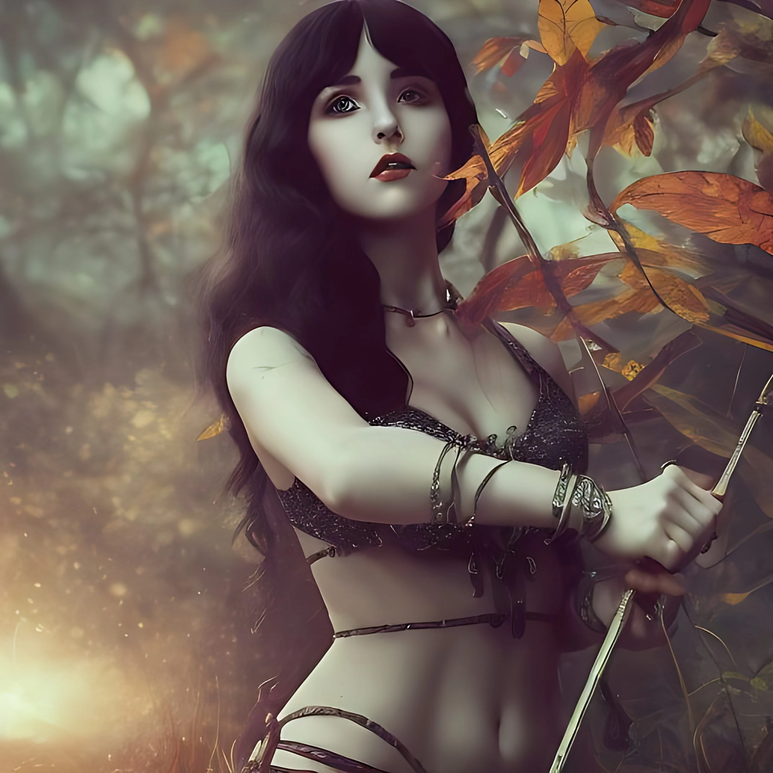 Elara, the guardian of the Whispering Woods, poised with her bow and arrow amidst autumn leaves.