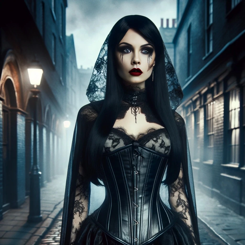 A gothic woman with long black hair and dark makeup, wearing a black corset dress with lace, standing in a foggy, dimly lit street.