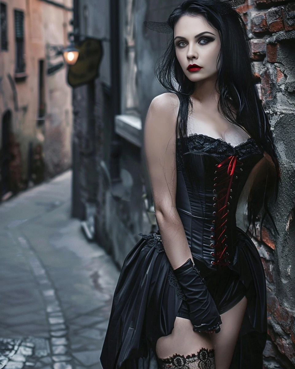 A gothic woman with long black hair and dark red lipstick, wearing a black corset dress, standing against an old brick wall in an alley.