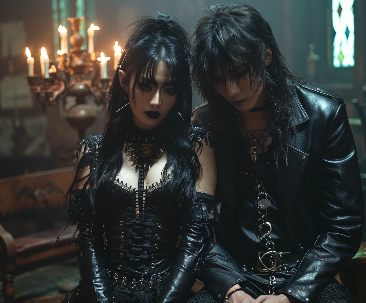 Satanic Ritual: Gothic girl in latex leather corset and rocker man in black chanting with candles and pentagrams around.