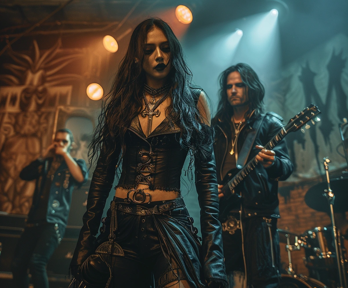 The Rituals of Darkness: Gothic couple in black attire conducting a satanic ritual with dark gothic elements.