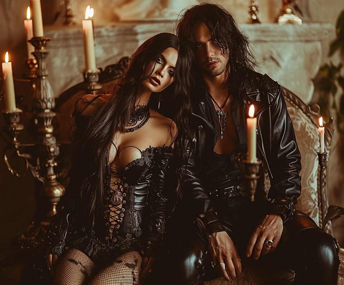 Satanic Ritual: Gothic girl with ritualistic dagger and rocker man chanting, surrounded by dark gothic architecture and candles.